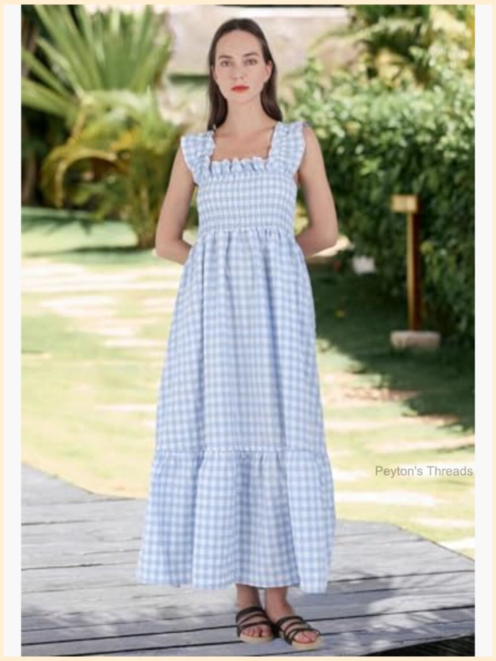 Retro Plaid Smocked Dress Spaghetti Strap Flounce Long Dress - Picture 2 of 7